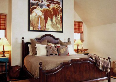 bedroom at the Aspen Ranch designed by Elizabeth Robb Interiors