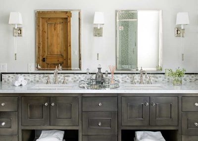 double sink vanity in master bathroom of Moonlight residence designed by Elizabeth Robb Interiors